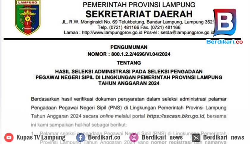 5.174 Pelamar CPNS Pemprov Lampung Lolos Seleksi Administrasi