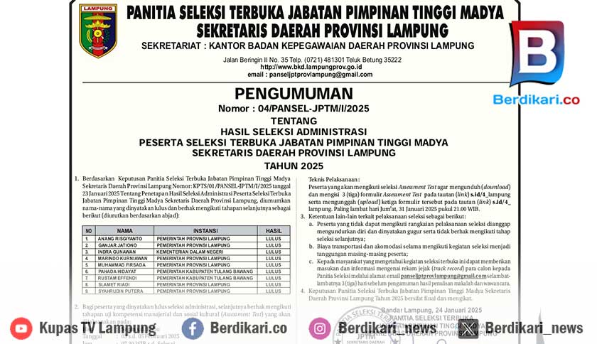 9 Nama Calon Sekda Lampung Lulus Seleksi Administrasi