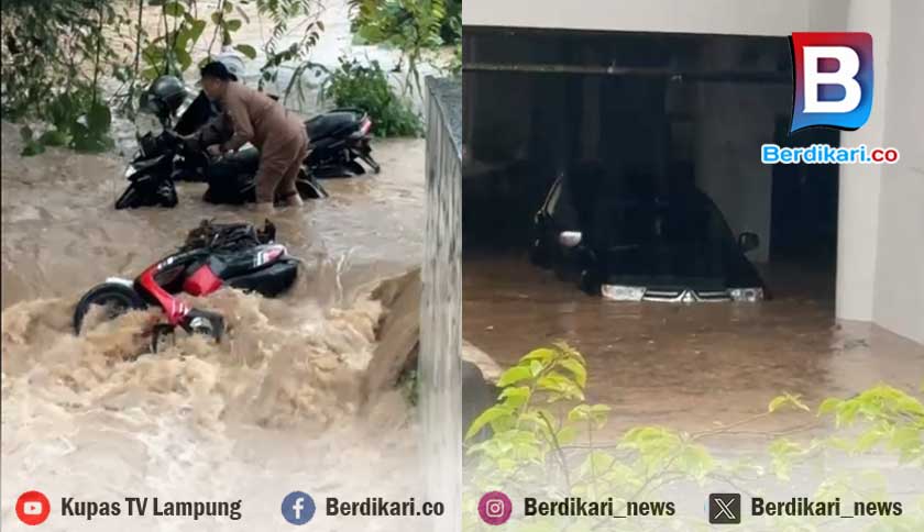 Banjir Rendam Mobil dan Motor di Kantor Bupati Pesibar Lampung