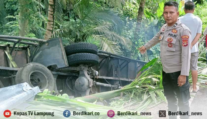 Hindari Tabrakan, Truk Fuso Terjun ke Jurang di Desa Kota Karang Pesisir Barat