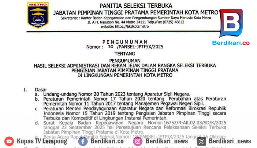 Kuota Tak Terpenuhi, Seleksi Pejabat Pemkot Metro Terancam Molor