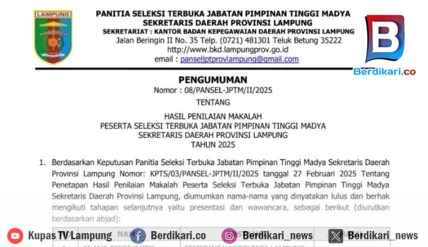 Lima Kandidat Sekda Lampung Lulus Penulisan Makalah, Diantaranya Ganjar dan Marindo Kurniawan