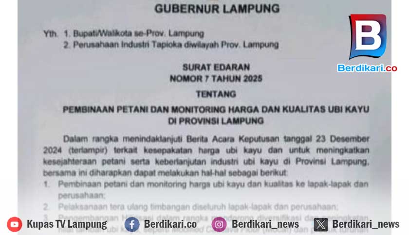 Pj Gubernur Lampung Terbitkan Surat Edaran Pembinaan dan Monitoring Harga Singkong