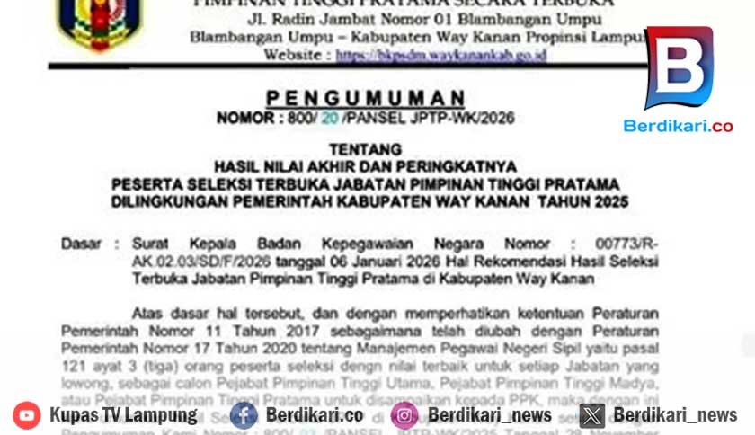 Tiga Besar JPT Pratama Way Kanan Diumumkan, Ini Daftarnya