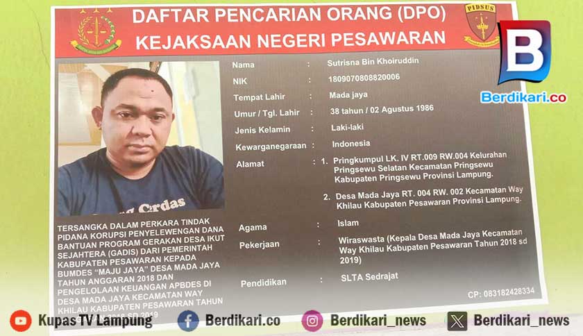 Mantan Kades di Pesawaran Jadi DPO Kasus Korupsi Dana Desa