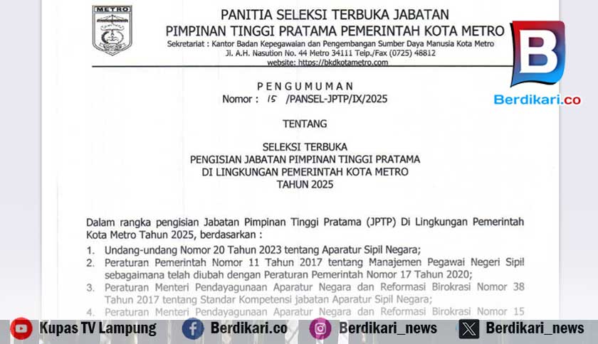 Pemkot Metro Buka Seleksi 3 Jabatan Strategis Eselon II-B