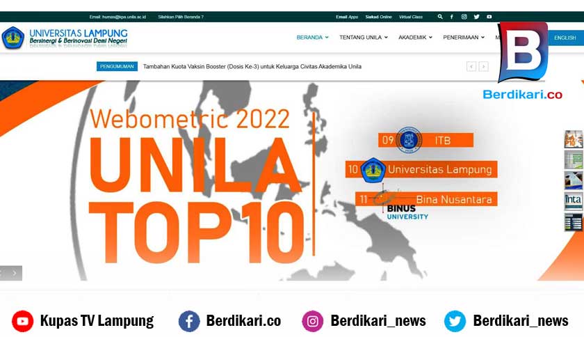 Unila Perguruan Tinggi Negeri Nomor Satu di Luar Pulau Jawa Versi Webometrics